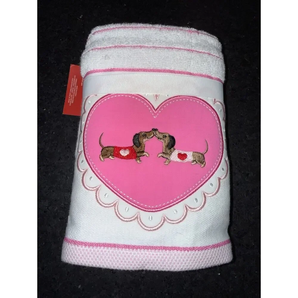 NEW 2 16x26” Pink Heart Dachshund Embroidered Hand Towels SO SOFT & SO CUTE